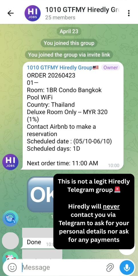 Screenshot of a scammer impersonating Hiredly on mobile